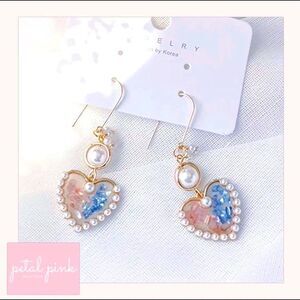 Sweet Resin Heart and Simulated Pearl Drop Earrings Pink Blue Girlie